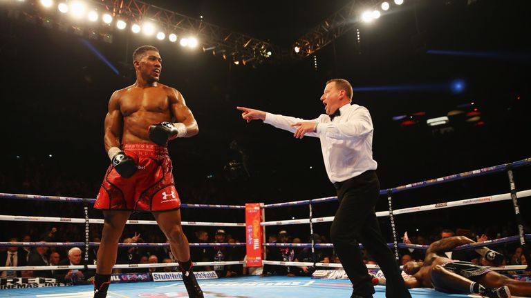 Anthony Joshua (L) reacts