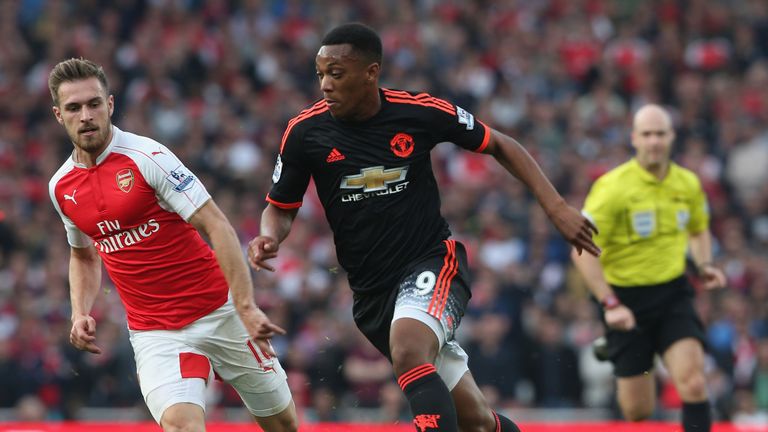 Anthony Martial of Manchester United in action with Aaron Ramsey of Arsenal during the Barclays Premier League match at Emirates Stadium on October 4, 2015