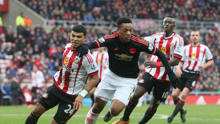 Anthony Martial in action with DeAndre Yedlin of Sunderland during the Barclays Premier League match between Sunderland and Manchester United 