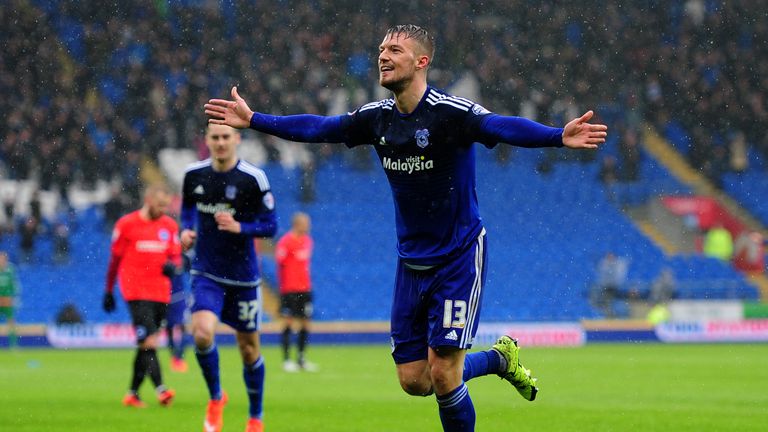 Anthony Pilkington of Cardiff City celebrates his side's second goal during the Championship match v Brighton and Hove Albion at the Cardiff City Stadium
