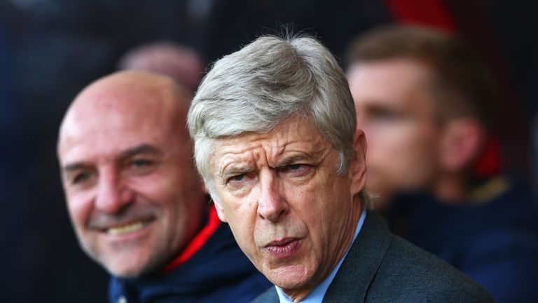 Arsene Wenger manager of Arsenal and assistant Steve Bould
