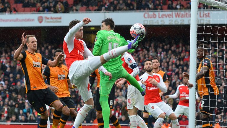 Calum Chambers fails to steer on goal at the far post