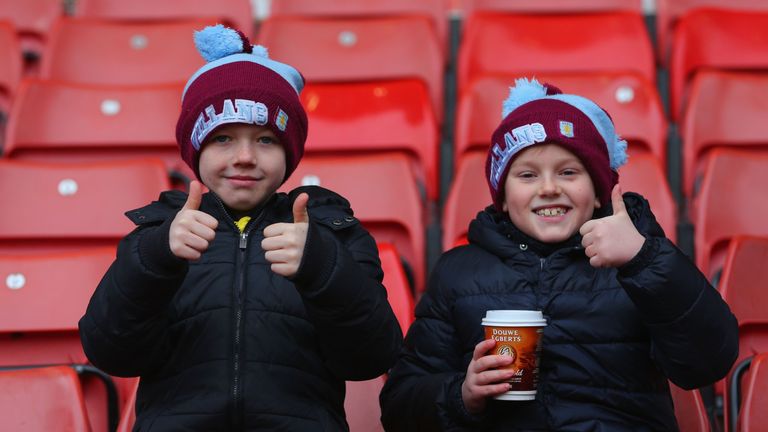 Young Aston Villa supporters look positive prior to the Barclays Premier League match against Stoke City