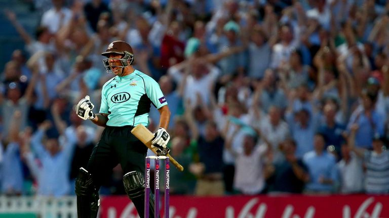 LONDON, ENGLAND - JULY 01:  Azhar Mahmood of Surrey celebrates hitting out for 6 to win the Natwest T20 Blast match between Surrey and Gloucestershire at T