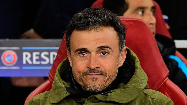 Barcelona's coach Luis Enrique sits in the dug out ahead