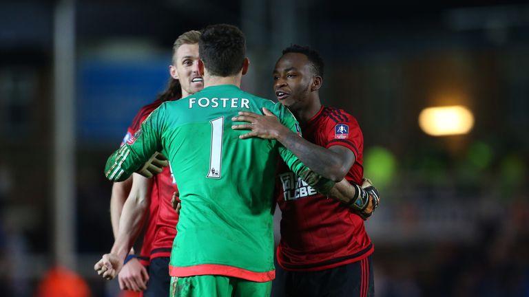 Saido Berahino and Darren Fletcher congratulate penalty hero Ben Foster