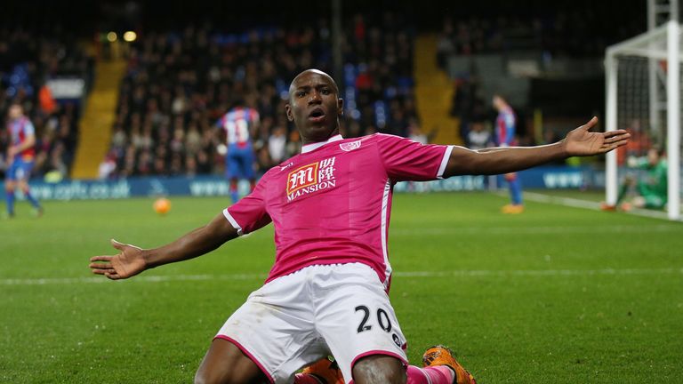 Benik Afobe celebrates scoring Bournemouth's winner against Crystal Palace.