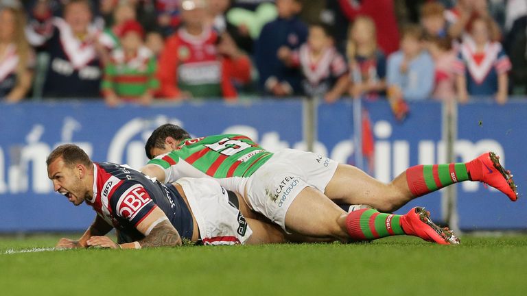 Blake Ferguson of the Roosters scores a try during the round 26 NRL match between the Sydney Roosters and the South Sydney Rabbitohs