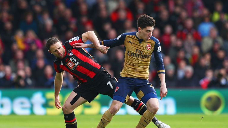 Hector Bellerin of Arsenal holds off Marc Pugh of Bournemouth
