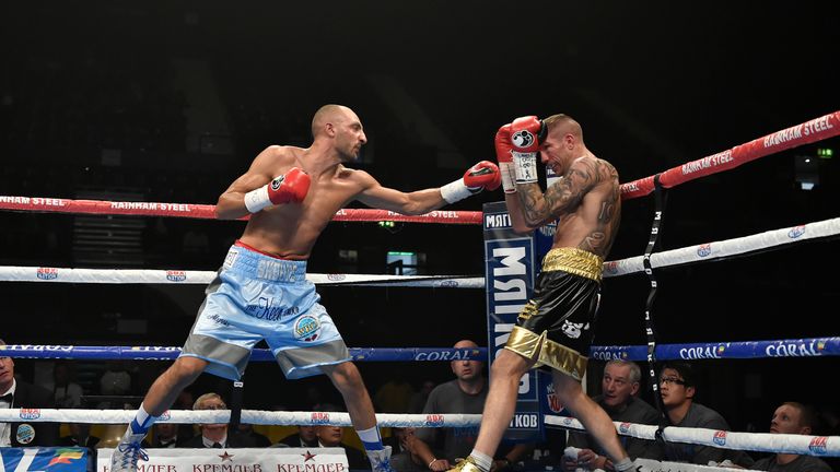 Bradley Skeete (L) boxing Mark Thompson for the WBO European Welterweight Title at the SSE Arena, Wembley on September 26 2015