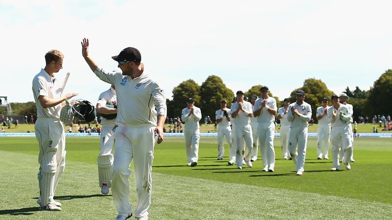 Brendon McCullum leaves the ground for the final time