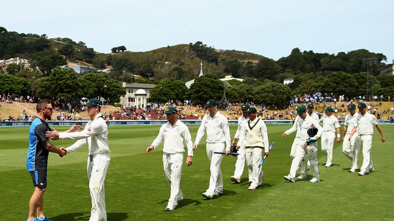 Brendon McCullum of New Zealand congratulates Steve Smith of Australia