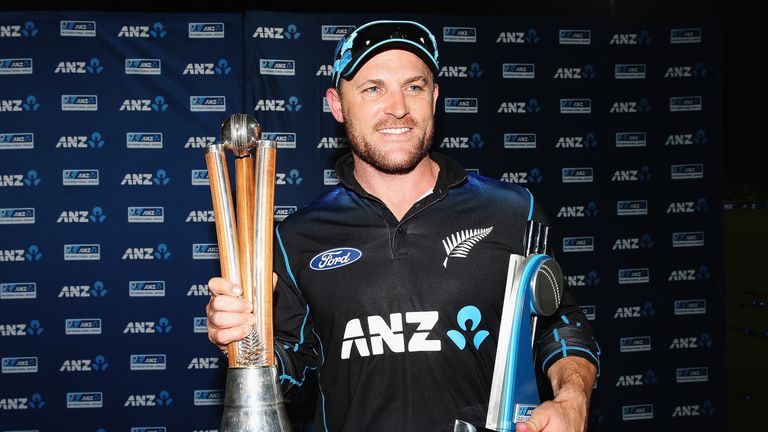 HAMILTON, NEW ZEALAND - FEBRUARY 08: Brendon McCullum of the Black Caps celebrates after winning the 3rd One Day International cricket match between the Ne