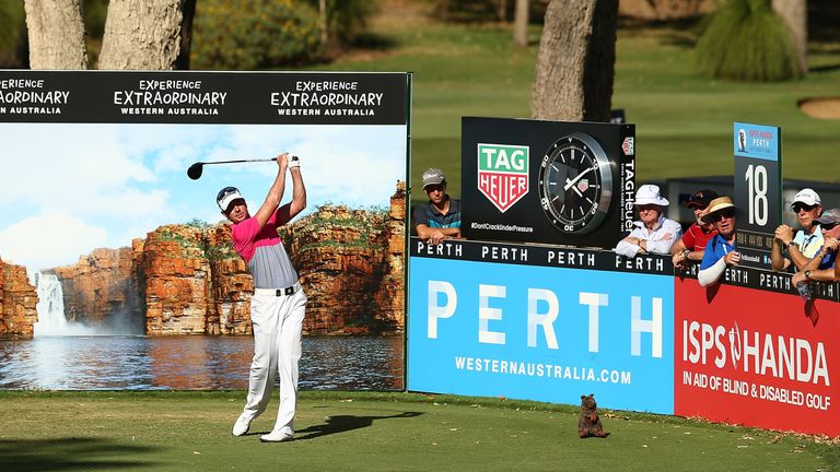 Brett Rumford tees off on the 18th hole during day two of the Perth International