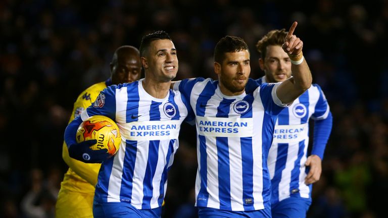 Brighton and Hove Albion's Tomer Hemed celebrates scoring his side's first goal from a penalty during the Sky Bet Championship match at the AMEX Stadium