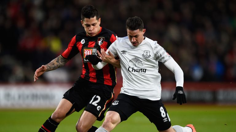 Bryan Oviedo of Everton and Juan Iturbe of Bournemouth compete for the ball during the Emirates FA Cup fifth round match at Dean Court