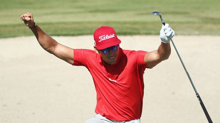 Rafa Cabrera-Bello of Spain celebrates holing his bunker shot for eagle on the 3rd hole during the third round of the Omega Dubai Desert Classic 