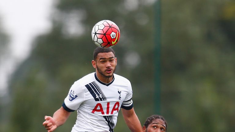 ENFIELD, ENGLAND - SEPTEMBER 21:  Cameron Carter-Vickers of Spurs heads above Harry Panayiotou of Leicester City during the Barclays U21 Premier League mat