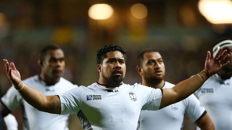 Campese Ma'afu of Fiji (2L) reacts as he waits for a TMO decision during the 2015 Rugby World Cup Pool A match between Fiji and Uruguay