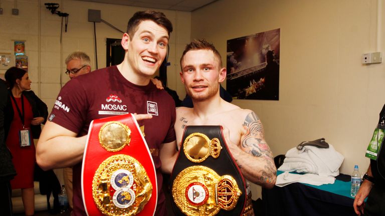 Carl Frampton and Shane McGuigan (L) celebrate victory