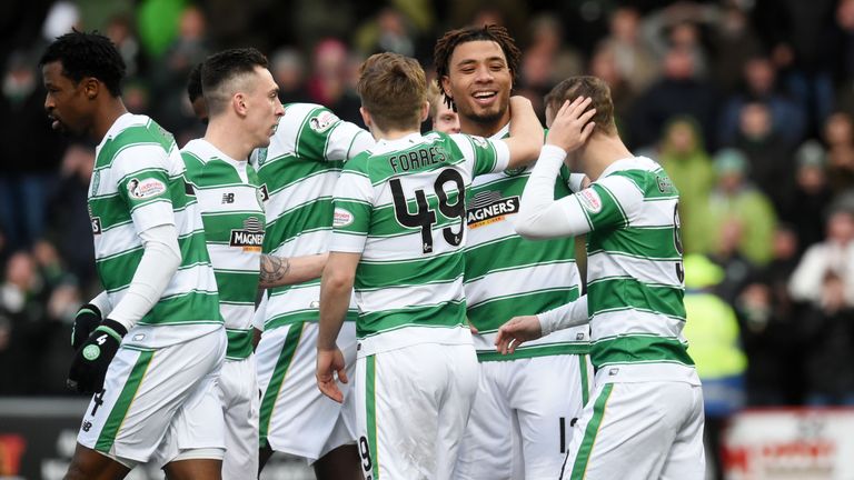 Celtic's Colin Kazim-Richards (second from right) celebrates after getting his first goal for the club 
