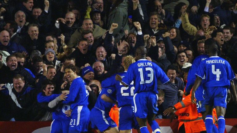 Wayne Bridge of Chelsea celebrates scoring their winning goal in the Champions League quarter final in 2004.