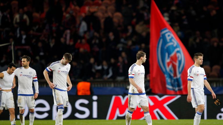 Chelsea players leave the pitch after the Champions League round of 16, 1st leg 