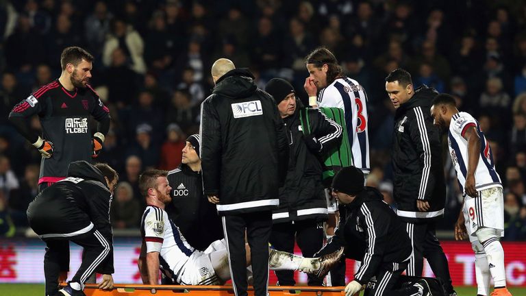 West Brom's Chris Brunt is taken to a stretcher during the match against Crystal Palace
