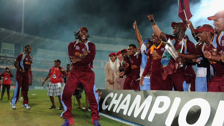 Chris Gayle and the West Indies celebrate winning the World Twenty20 2012 final against Sri Lanka