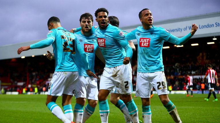 Derby celebrates Chris Martin's stoppage time goal in a 3-1 win at Brentford