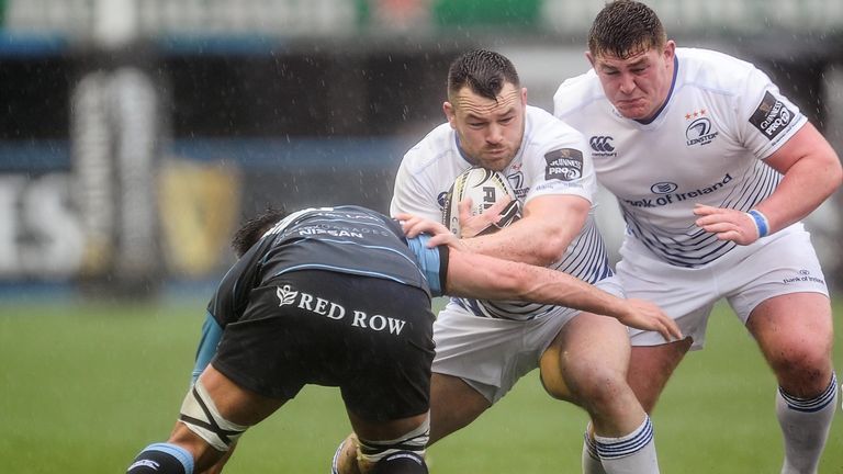 Leinster's Cian Healy evades the tackle of Cardiff Blues' Ellis Jenkins.