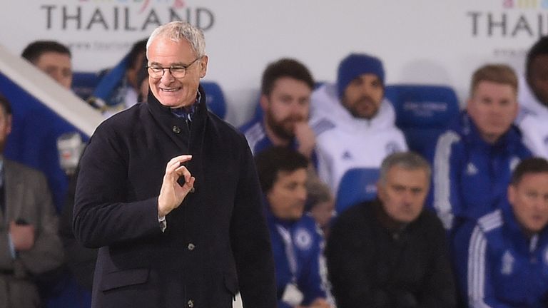 LEICESTER, ENGLAND - DECEMBER 14:  Claudio Ranieri the manager of Leicester City reacts as Chelsea manager Jose Mourinho looks on during the Barclays Premi