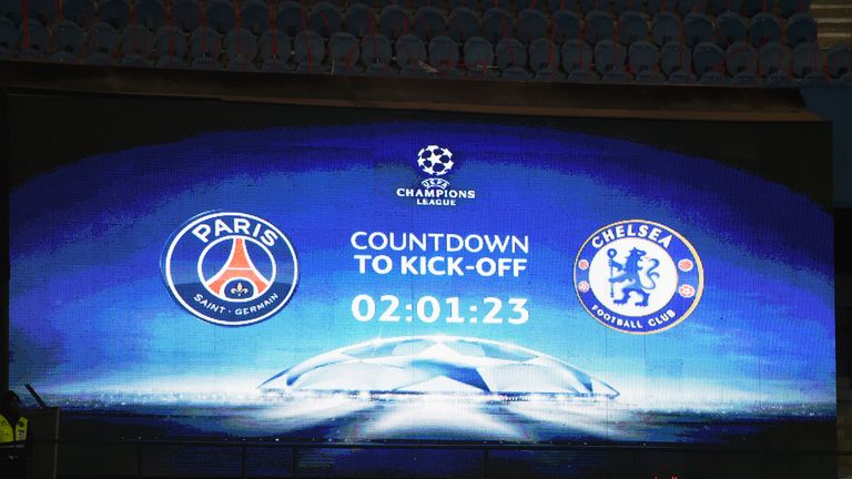 A countdown to kick off is shown on the scoreboard prior to the UEFA Champions League match between Paris Saint-Germain and Chelsea at Parc des Princes