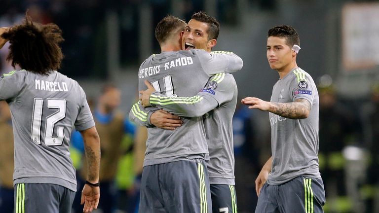 Real Madrid's Cristiano Ronaldo celebrates with teammate Sergio Ramos 