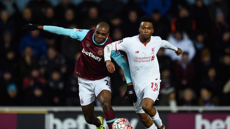Angelo Ogbonna Obinza of West Ham United and Daniel Sturridge of Liverpool battle for the ball