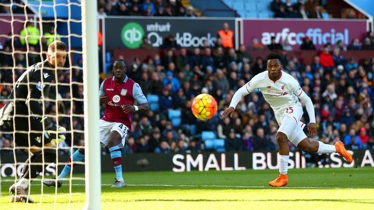 Daniel Sturridge of Liverpool scores the opening goal during the Barclays Premier League match between Aston Villa and Liverpool 