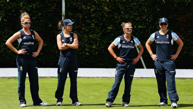 LOUGHBOROUGH, ENGLAND - JULY 10:  Lauren Winfield, Natasha Farrant, Danielle Wyatt and Georgia Elwiss of England in action at the ECB National Performance 
