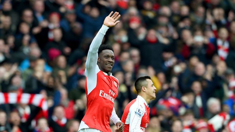 Danny Welbeck of Arsenal celebrates after scoring the winning goal during the Barclays Premier League match between Arsenal and Leicester