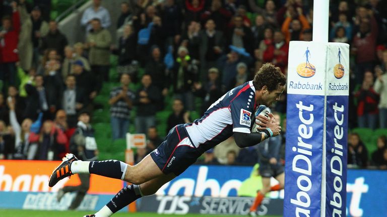 Danny Cipriani of the Melbourne Rebels scores 