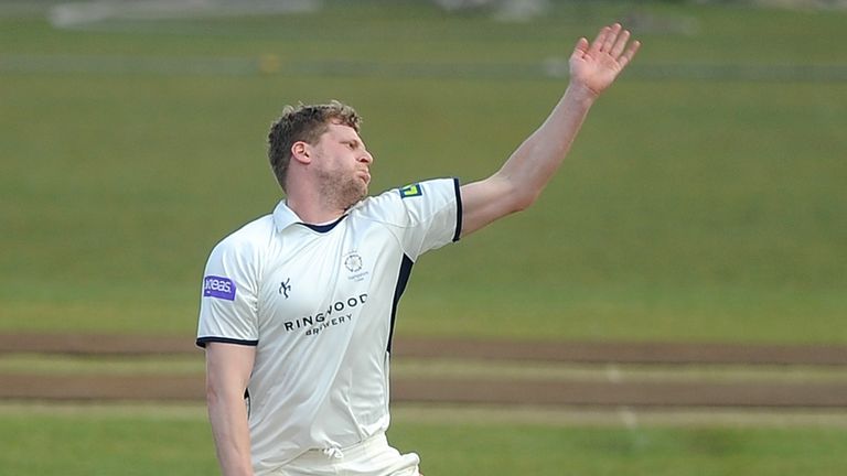 SOUTHAMPTON, ENGLAND - APRIL 11: David Balcombe of Hampshire Bowls during day two of the LV County Championship match between Hampshire and Leicestershire 