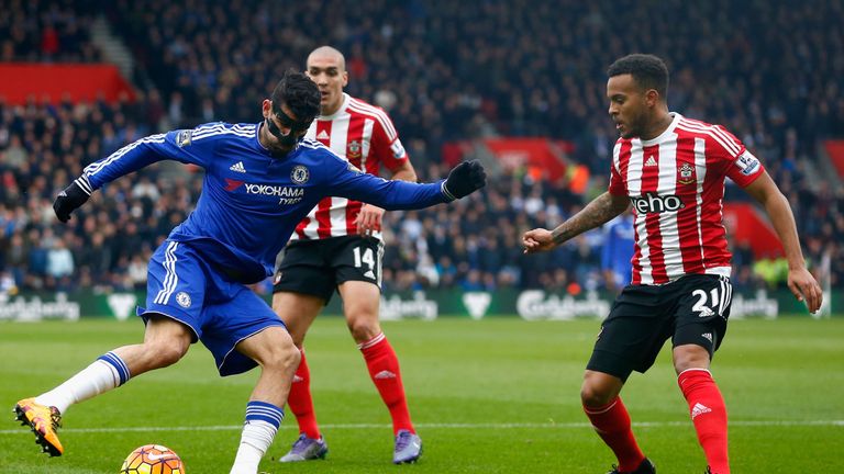 Diego Costa of Chelsea and Ryan Bertrand of Southampton compete for the ball