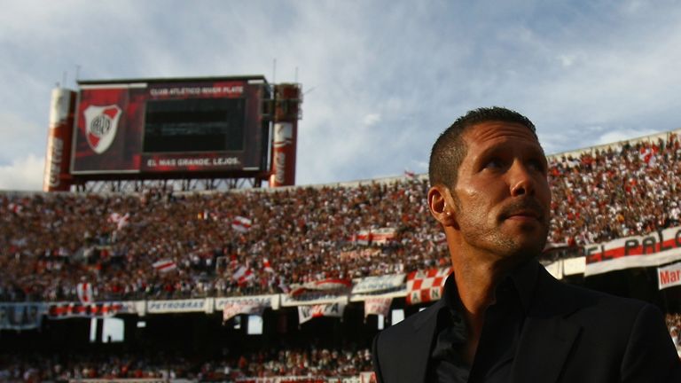 Diego Simeone, manager of River Plate, enters the Estadio Monumental in February 2008