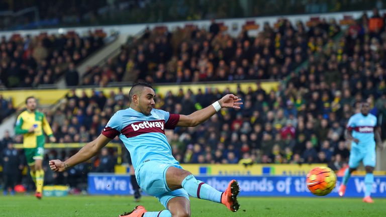 Dimitri Payet of West Ham United scores his team's first goal 