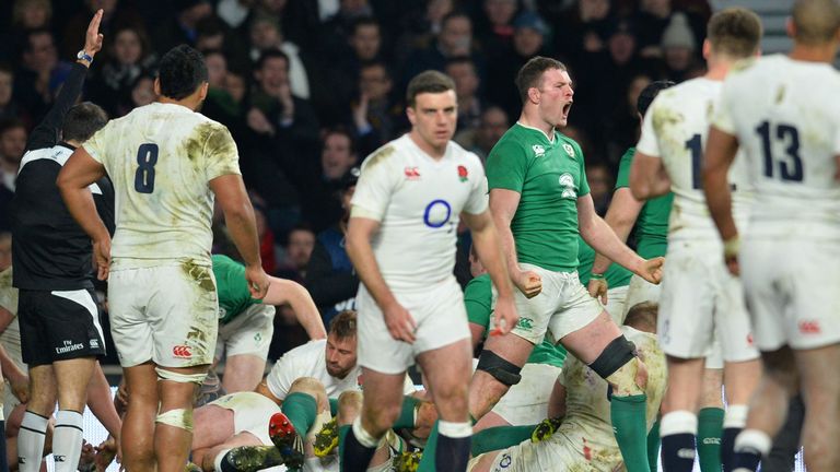 Donnacha Ryan celebrates after Ireland score during the Six Nations match between England and Ireland at Twickenham