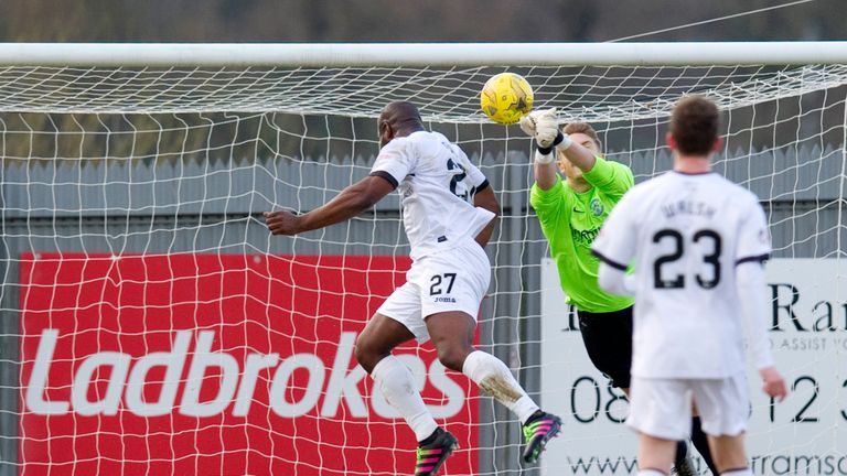 Dumbarton's Christian Nade doubles the lead for his side against Hibs 