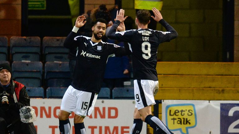 Kane Hemmings and Rory Loy celebrate Dundee's opening goal at Dens Park