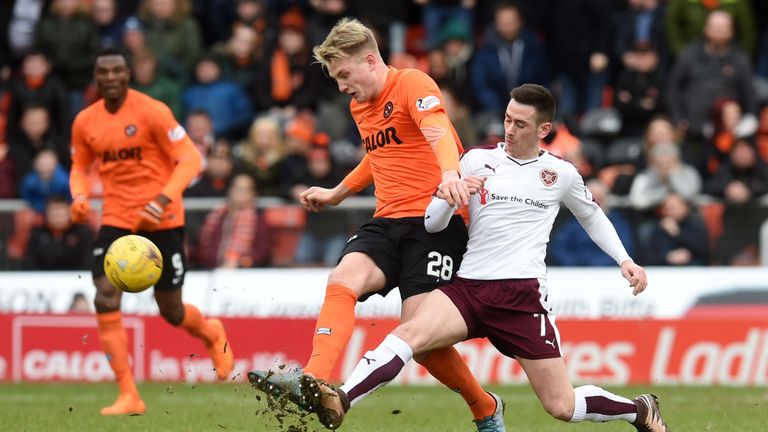 20/02/16 LADBROKES PREMIERSHIP.DUNDEE UTD v HEARTS.TANNADICE - DUNDEE.Dundee Utd's Coll Donaldson (left) battles with Jamie Walker