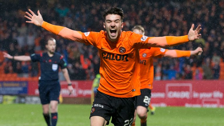 Dundee United's Scott Fraser celebrates after scoring against Partick Thistle in the Scottish Cup