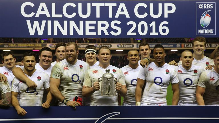 England captain Dylan Hartley and his team pose with the Calcutta Cup following their victory over Scotland at Murrayfield during the RBS Six Nations