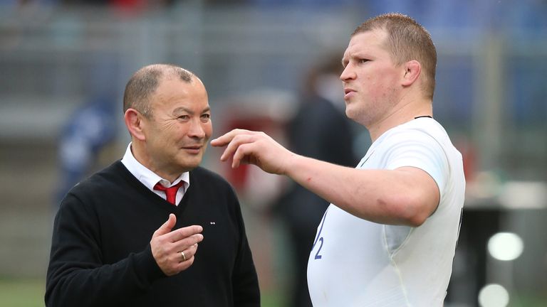 Eddie Jones,(L) the England head coach talks to his captain Dylan Hartley after their victory during the RBS Six Natiions match between Italy and England